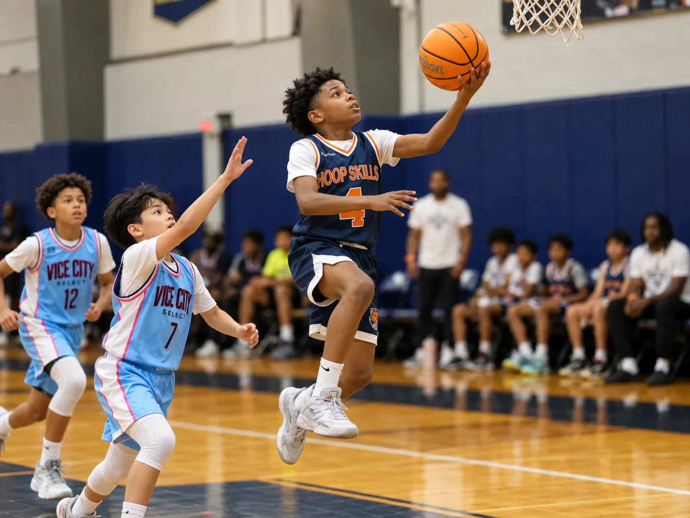 Hoop Skills player finishing a layup past a defender