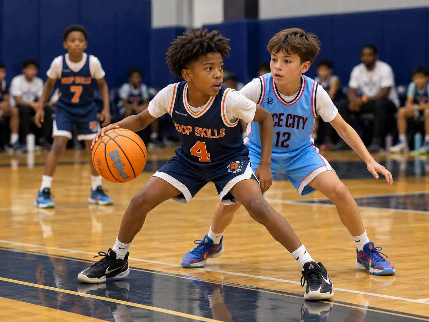 Hoop Skills player handling the ball against a defender